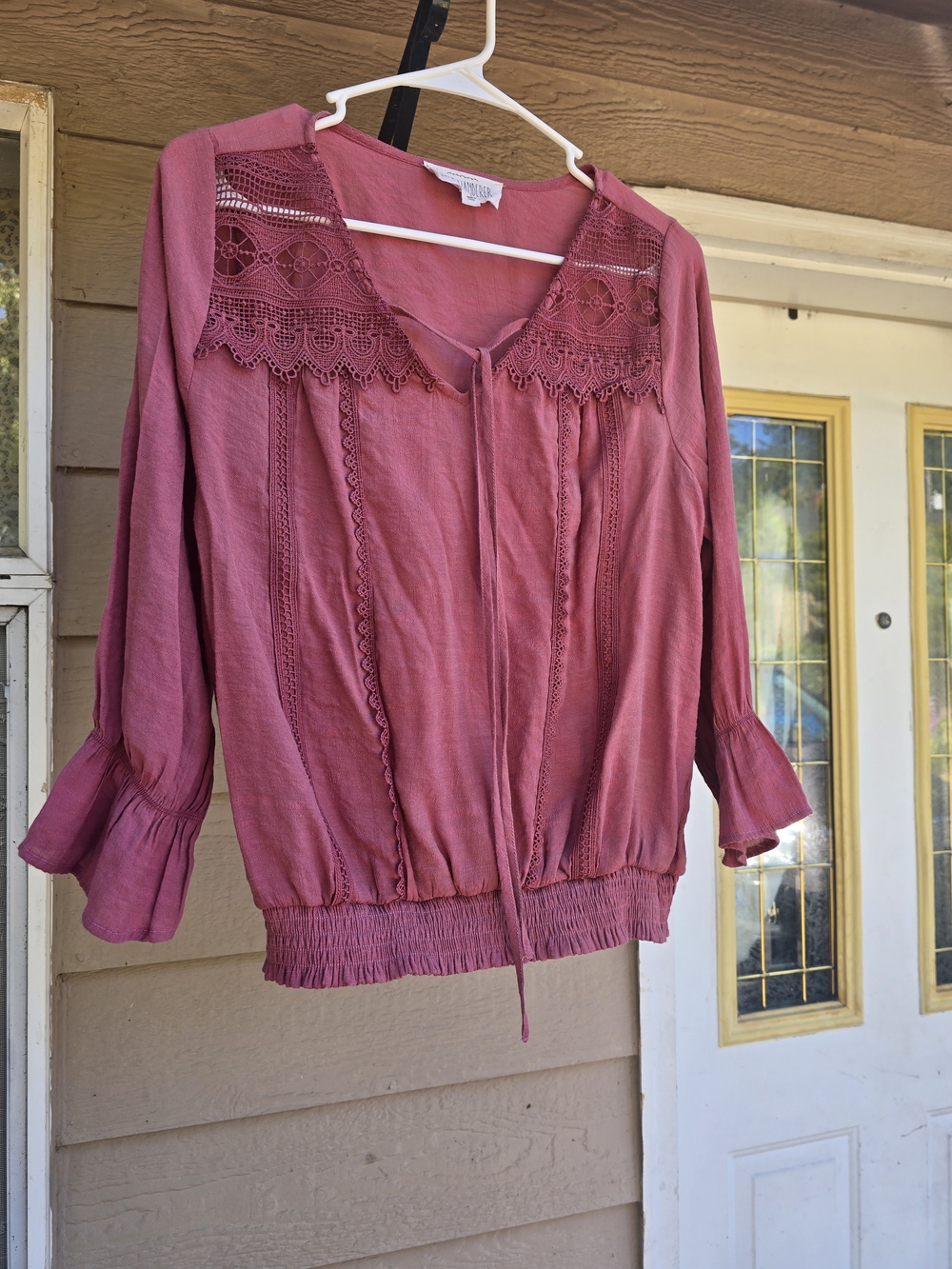 Sweet Wanderer Rosewood Crochet Yoke Blouse/Peasant Top - Large